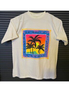 Vintage Hawaii T-Shirt XL Classic-T Palm Trees Sunset Graphic White 100% Cotton